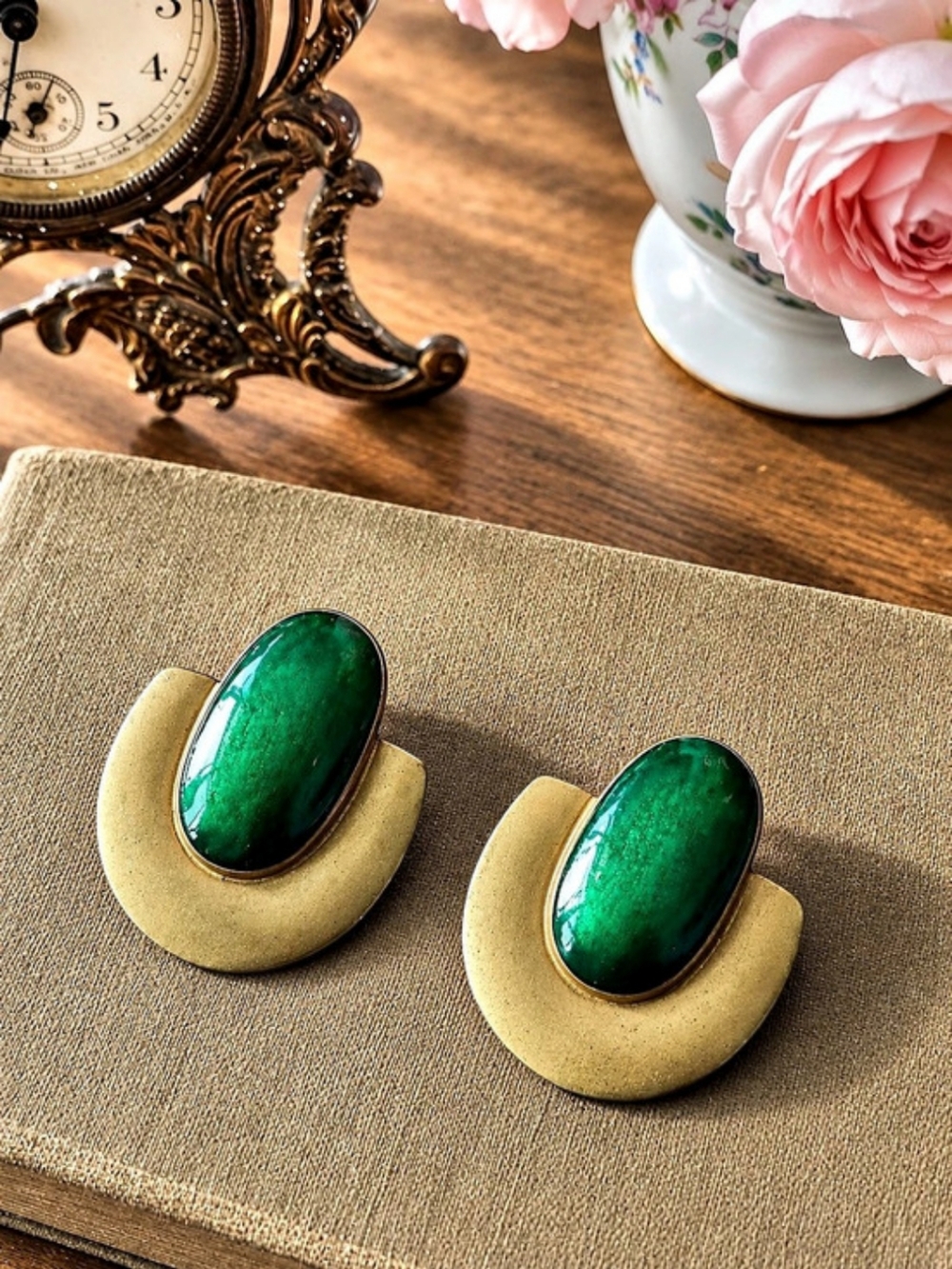 Green Gold-Tone Statement Earrings
